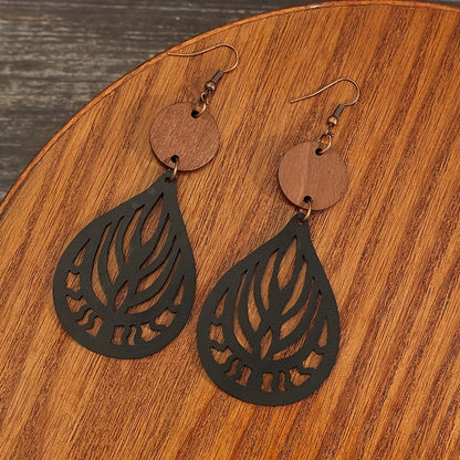 Hollow teardrop-shaped engraved pattern drop earrings retro bohemian style PU leather jewelry fashion women's gift