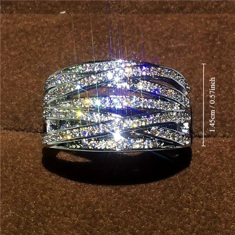 Fashion Wide Ring Silver Plated Inlaid Sparkling Zircon Interwoven Design Bridal Jewelry Dinner Party Decoration Anniversary Gift for Your Lover