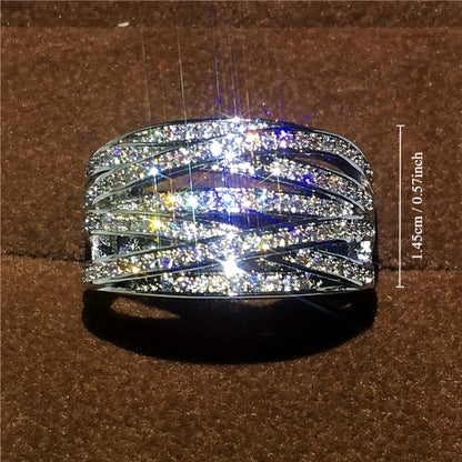 Fashion Wide Ring Silver Plated Inlaid Sparkling Zircon Interwoven Design Bridal Jewelry Dinner Party Decoration Anniversary Gift for Your Lover