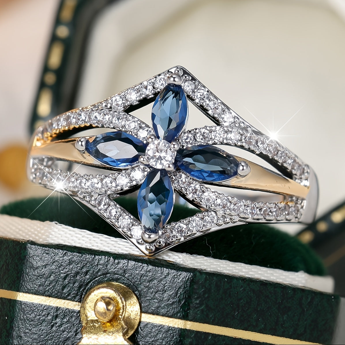 Elegant Blue and White Zirconia Wedding Ring - Luxury Bohemian Style for Engagements and Parties, Sizes 6-10