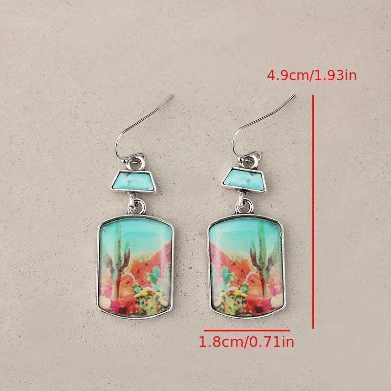 A pair of retro western style desert cactus Epoxy square alloy earrings, simple female Epoxy earrings