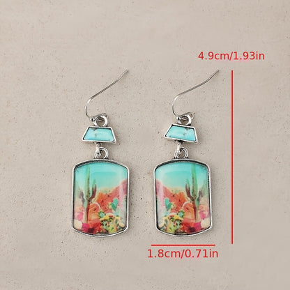 A pair of retro western style desert cactus Epoxy square alloy earrings, simple female Epoxy earrings