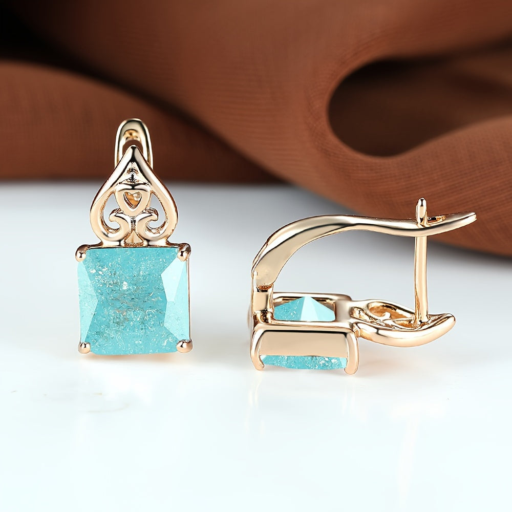 A pair of square cut zircon flower pendant earrings, copper earrings, unplated, zircon inlay, green ice design, suitable for weddings and daily wear