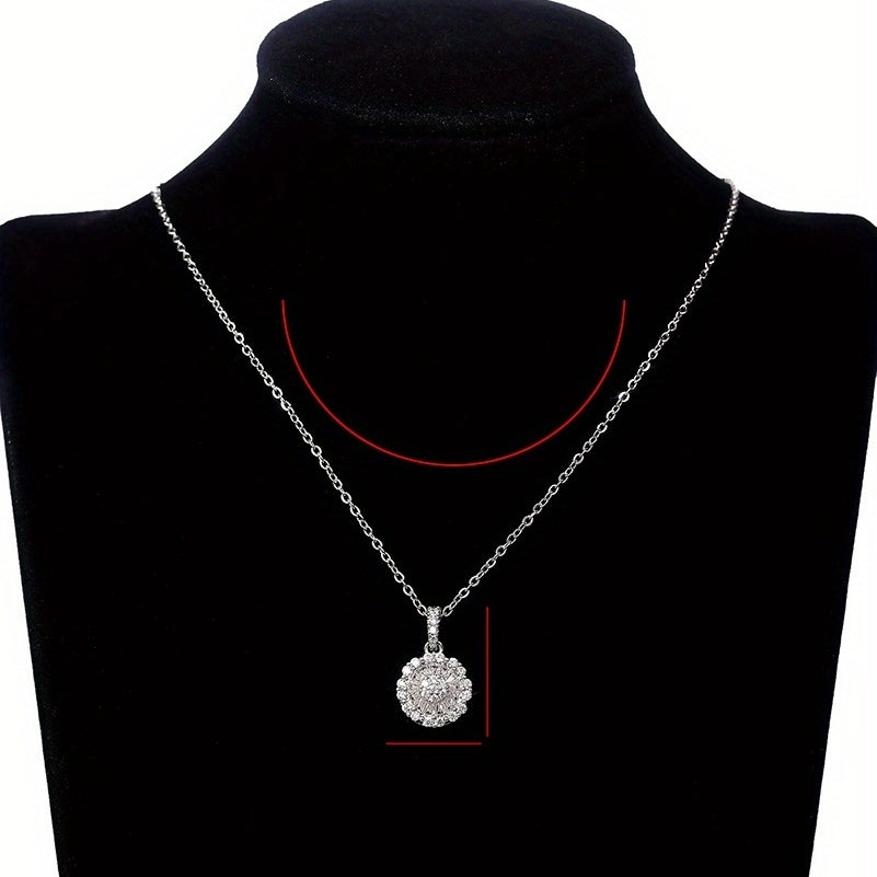 Shiny Round Zircon 925 Silver Plated Pendant Necklace, Women's Daily Party and Banquet Accessories