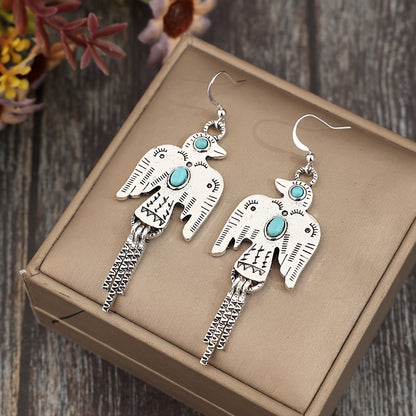 A pair of vintage eagle azure gemstone with ethnic engraving pattern fringed fashion stud earrings, alloy and synthetic crystal, iron stud earrings, silver tone