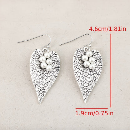 Whimsical Glow, Stylish Vintage Heart & Leaf Pendant Earrings, Accessories Imitation Pearl - Silver Plated, Zinc Alloy, Casual Wear, Whimsical Earrings