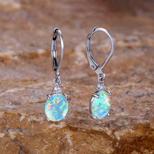 1 Pair of Silver Lever Earrings, White Fire Opal, Bohemian Elegance, Oval Egg Birthstone Pendant Earrings, Charming Ladies Jewelry Gift
