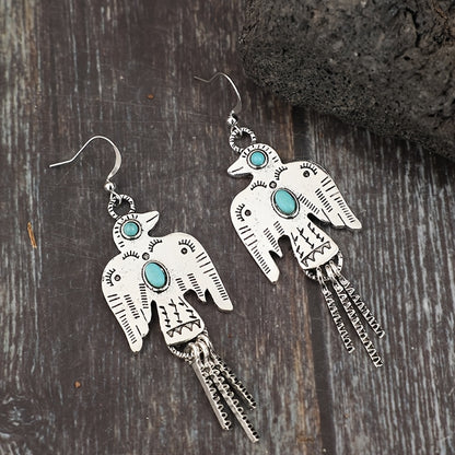A pair of vintage eagle azure gemstone with ethnic engraving pattern fringed fashion stud earrings, alloy and synthetic crystal, iron stud earrings, silver tone