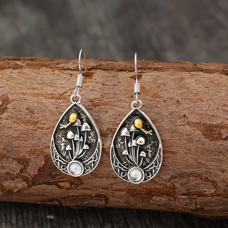 A pair of retro moonstone teardrop mushroom stud earrings, fashionable alloy drip earrings, with artificial analog gemstones and iron ear needles, suitable for women, suitable for over 15 years old
