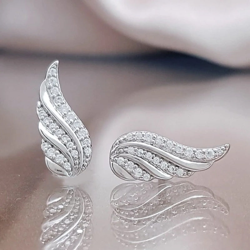 Cute Angel Wings 925 Silver Plated Zircon Stud Earrings, Ladies Elegant Accessories