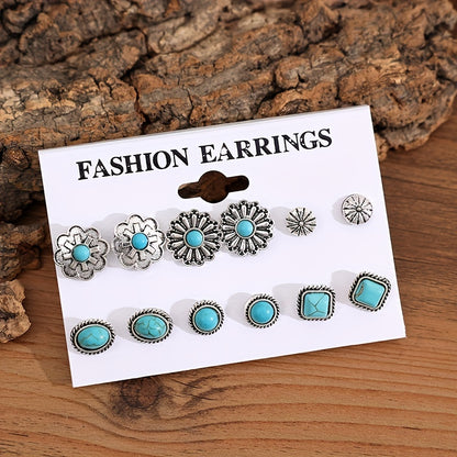 6 pairs of ethnic style flower geometric earrings set