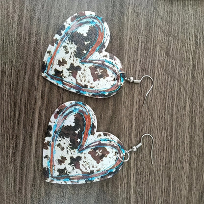 Vintage Heart-Shaped Cow Pattern Pendant Earrings Vintage Western PU Leather Jewelry Fashion Holiday Earrings