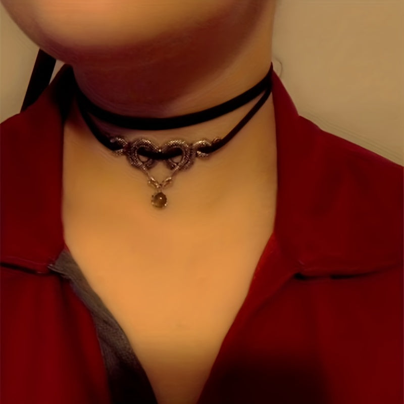 Double Snake Moonstone Necklace Short Velvet with Clavicle Chain