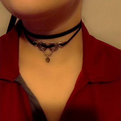 Double Snake Moonstone Necklace Short Velvet with Clavicle Chain