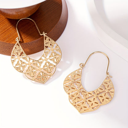 Delicate Complicated Pattern Hoop Earrings Vintage Elegant Style Zinc Alloy 14K Gold Plated Hoop Earrings