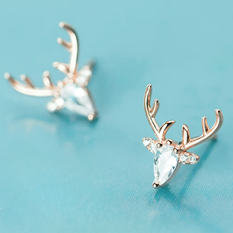 Cute deer head design stud earrings, copper jewelry, zircon inlaid, stylish and simple style, women's Christmas earrings.
