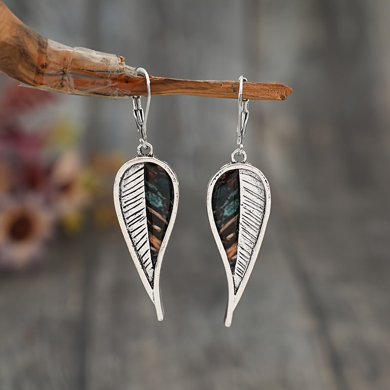 Antique Leaf Design Pendant Earrings, Bohemian Resort Style, Silver Plated Jewelry, Tourist Souvenirs