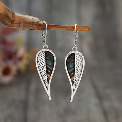 Antique Leaf Design Pendant Earrings, Bohemian Resort Style, Silver Plated Jewelry, Tourist Souvenirs
