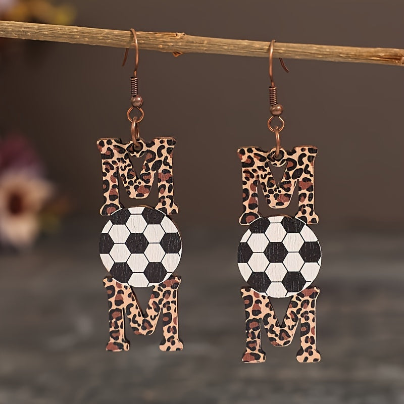 1 pair of Bohemian style elegant wooden MOM letter hanging earrings, leopard print and sports ball design, iron pillar, perfect for daily wear and Mother's Day celebration, four seasons accessories, quirky earrings