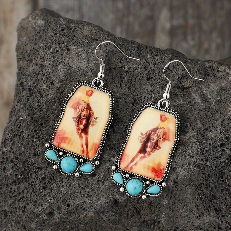 New ethnic style equestrian girl Epoxy geometric inlaid turquoise alloy earrings pair