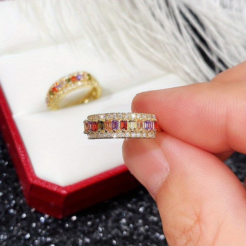 Elegant 18K Gold-plated Ring Earrings with Multi-colored Rectangular Cut Zirconia - Nickel-free Copper, Perfect for Brides and Parties