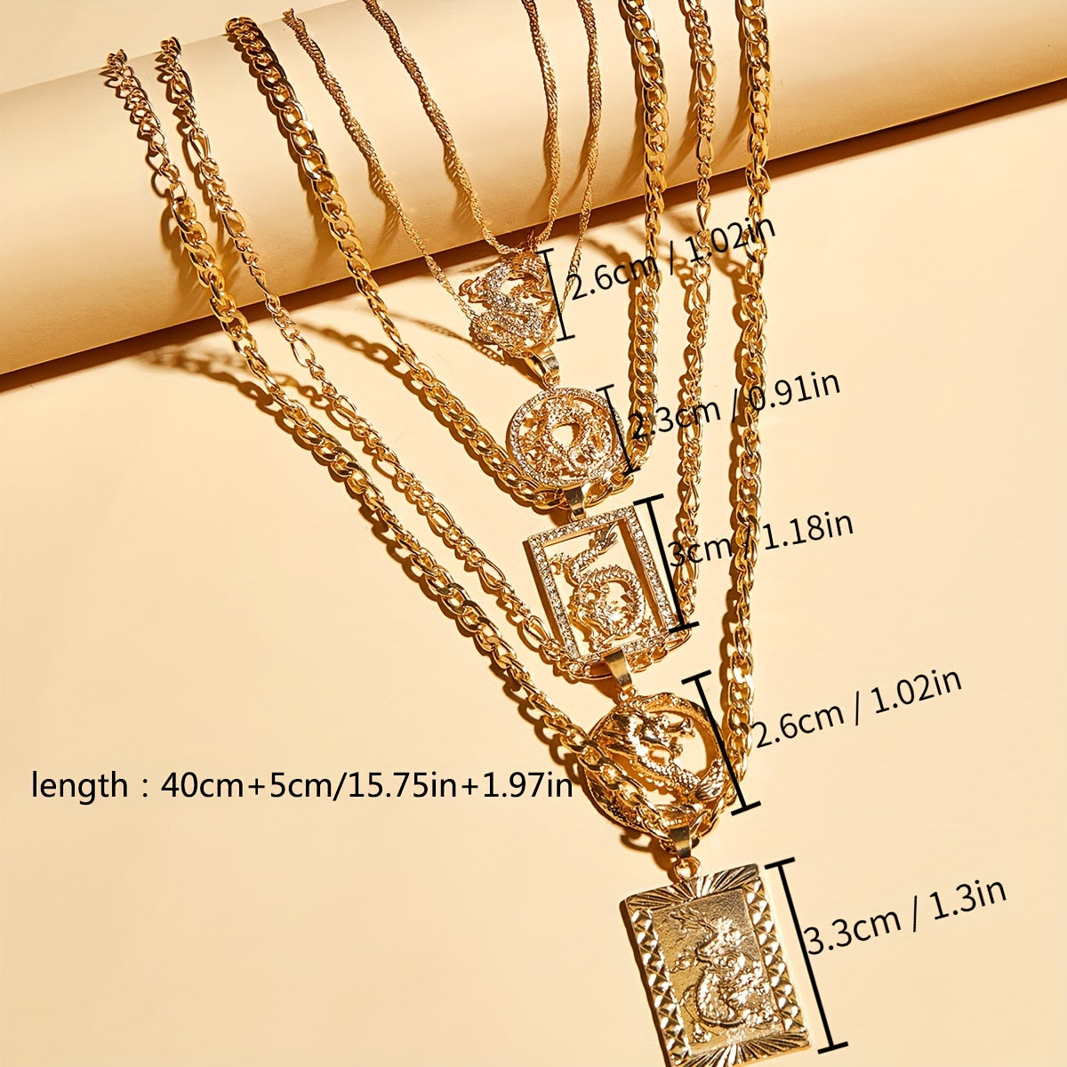5 pieces/set of creative personalized crystal Chinese dragon pendant layered necklace layered gold collarbone chain