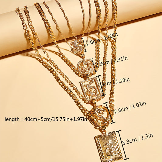 5 pieces/set of creative personalized crystal Chinese dragon pendant layered necklace layered gold collarbone chain