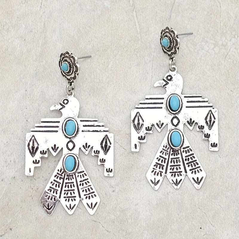 Bohemian Vintage Eagle Totem Turquoise Pendant Earrings - Silver Plated, Stainless Steel Studs, Ladies Only | Perfect for Parties and Vacations