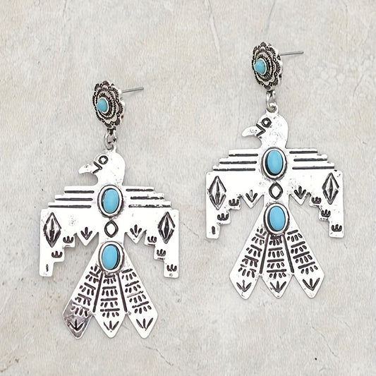 Bohemian Vintage Eagle Totem Turquoise Pendant Earrings - Silver Plated, Stainless Steel Studs, Ladies Only | Perfect for Parties and Vacations