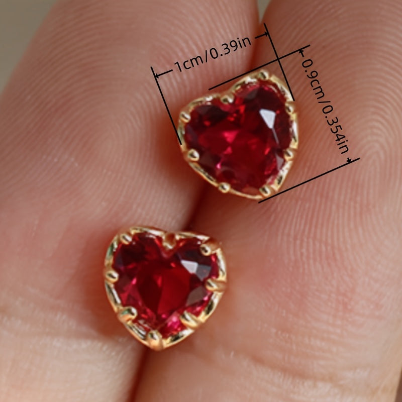 Women's Elegant Heart Synthetic Ruby Stud Earrings - Nickel-Free Copper, Ideal for Casual Attire and Parties, Ideal for Valentine's Day Gifts
