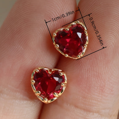 Women's Elegant Heart Synthetic Ruby Stud Earrings - Nickel-Free Copper, Ideal for Casual Attire and Parties, Ideal for Valentine's Day Gifts