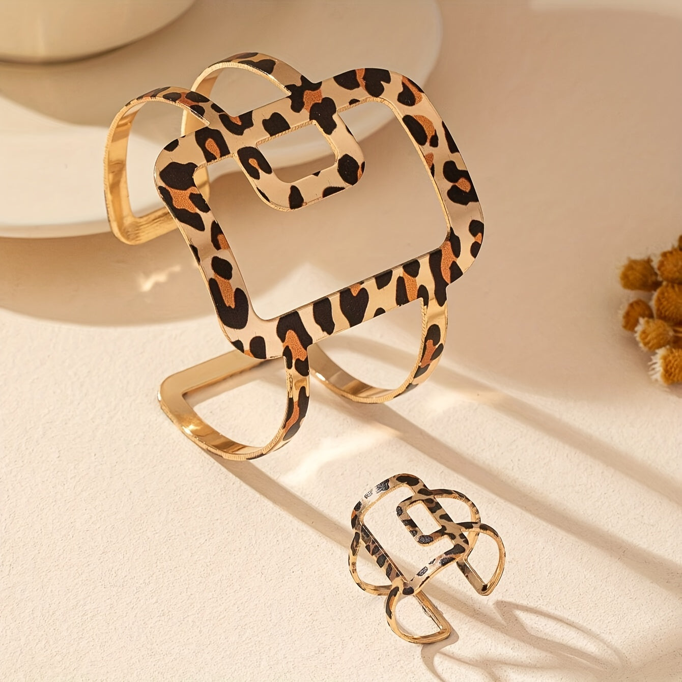 Vintage Bohemian Style Stylish Simple Hollow Cross Square Geometric Double Layer Leopard Print Versatile Ladies Bracelet Ring Set