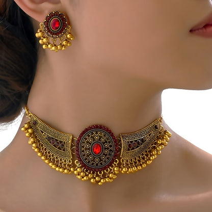 Bollywood Style 1 Pair Of Earrings + 1 Choker Vintage Jewelry Set Tribal Design 14k Gold Plated Inlaid Rhinestone Red Or Blue Make Your Call Match Daily Outfits