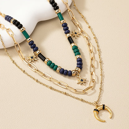 Vintage Bohemian Wind Beaded Horns Star Moon Triple Necklace Ramadan Eid al-Fitr