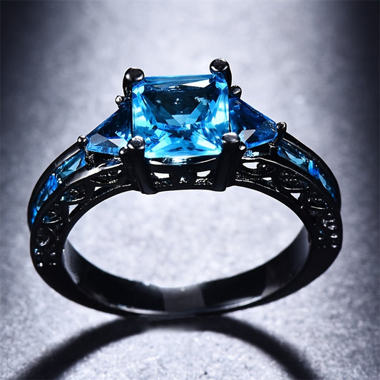 Elegant classic style, black copper ring inlaid with sparkling blue Zirconia fashion exquisite jewelry, suitable for weddings and parties, perfect gift