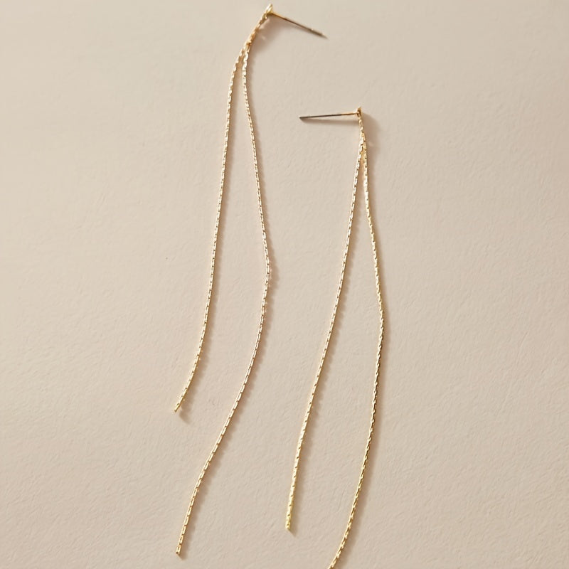 Sparkling long chain pendant earrings, elegant and minimalist copper jewelry, stylish holiday earrings