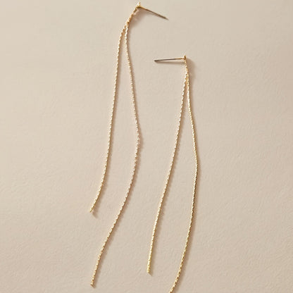 Sparkling long chain pendant earrings, elegant and minimalist copper jewelry, stylish holiday earrings