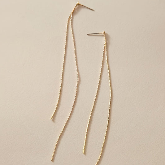 Sparkling long chain pendant earrings, elegant and minimalist copper jewelry, stylish holiday earrings