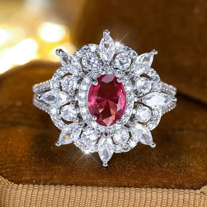 An elegant bohemian style engagement ring, copper with synthetic cubic zirconia, oval pink halo, full band of white water droplets, luxurious wedding, party, lady's birthday gifts