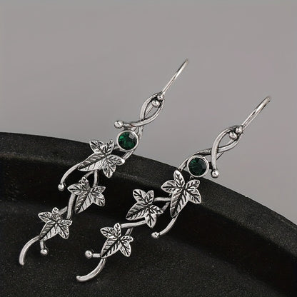 1 Pair Exquisite Silvery Boho Chic Engraved Leaf Drop Dangle Earrings - Inlaid with Colorful Synthetic Gemstones, 925 Silver Plated, Hypoallergenic, Durable, and Elegant - Perfect for Fashionistas and Bohemian Lovers