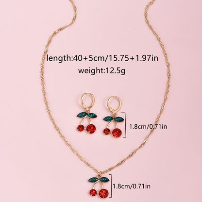 Sweet Cherry Crystal Pendant Necklace and Earrings Set Delicate Fruit Gold Chain Jewelry Set Gift
