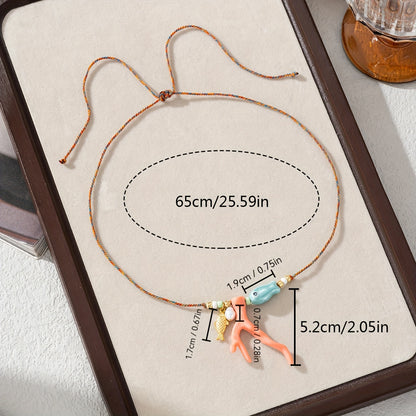 Handmade Ceramic Fish and Coral Pendant Necklace, Bohemian Style, Adjustable Cord Collarbone Chain, Beach Vacation Jewelry Accessories - No Plating, Daily & Holiday Wear