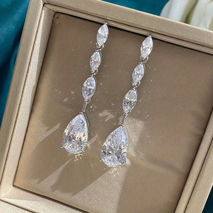 Teardrop White Rhinestone Pendant 925 Silver Plated Pendant Earrings Women's Bridal Wedding Party Fashion Accessories