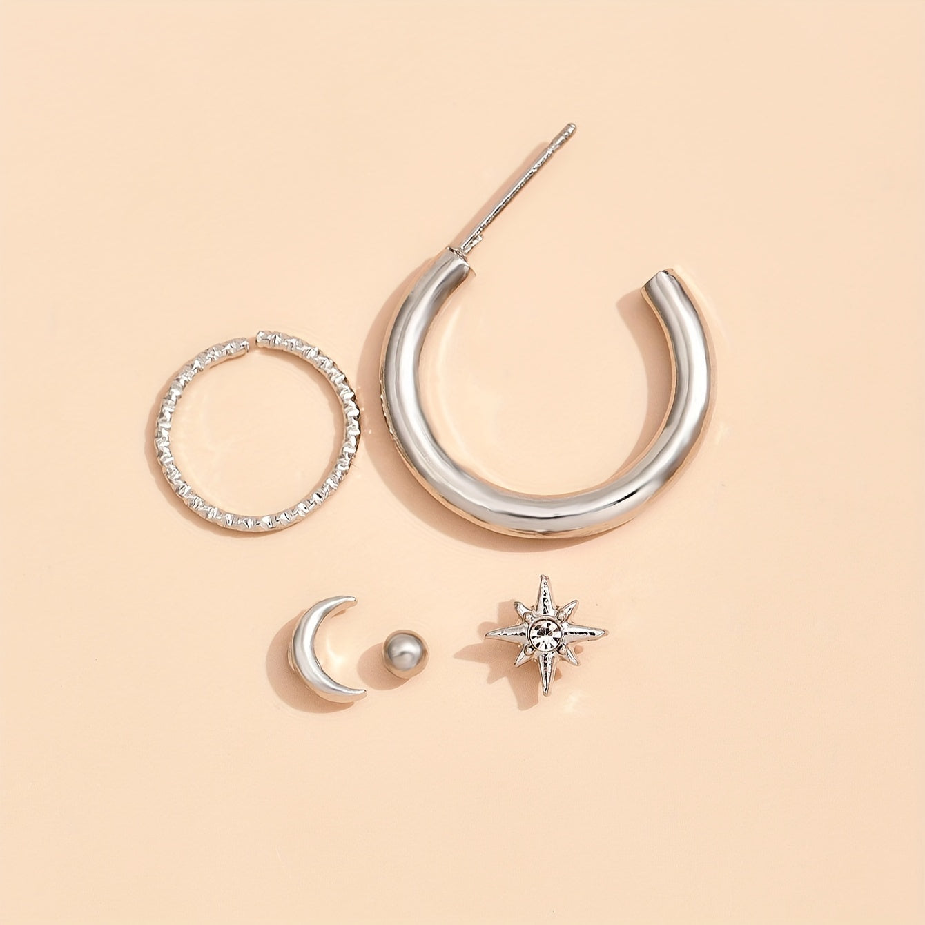 5 Piece Vintage Star and Moon Circle Earrings Set - Elegant Geometric Zinc Alloy Earrings and Women's Clips for Everyday Wear and Parties, Party Accessories | Geometric Earrings | Zinc Alloy Earrings, Quirky Earrings
