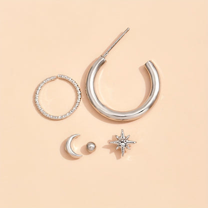 5 Piece Vintage Star and Moon Circle Earrings Set - Elegant Geometric Zinc Alloy Earrings and Women's Clips for Everyday Wear and Parties, Party Accessories | Geometric Earrings | Zinc Alloy Earrings, Quirky Earrings
