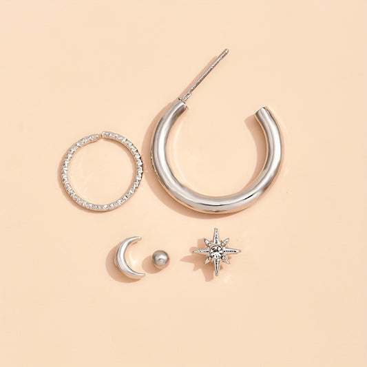 5 Piece Vintage Star and Moon Circle Earrings Set - Elegant Geometric Zinc Alloy Earrings and Women's Clips for Everyday Wear and Parties, Party Accessories | Geometric Earrings | Zinc Alloy Earrings, Quirky Earrings