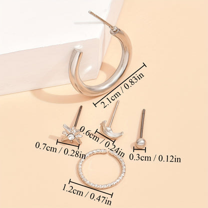 5 Piece Vintage Star and Moon Circle Earrings Set - Elegant Geometric Zinc Alloy Earrings and Women's Clips for Everyday Wear and Parties, Party Accessories | Geometric Earrings | Zinc Alloy Earrings, Quirky Earrings