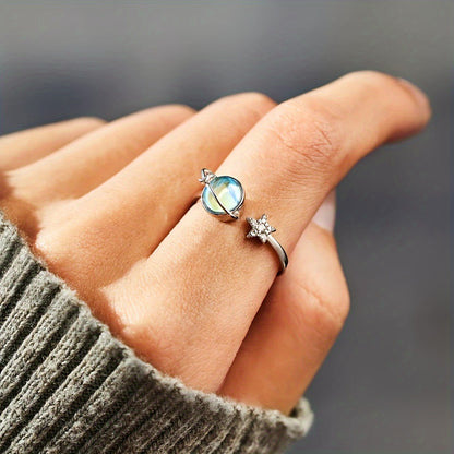 Elegant Adjustable Ring with Blue Synthetic Gemstone - Stylish Earth and Moon Design for Casual Attire or Perfect Gift for Friends/Lovers/Family