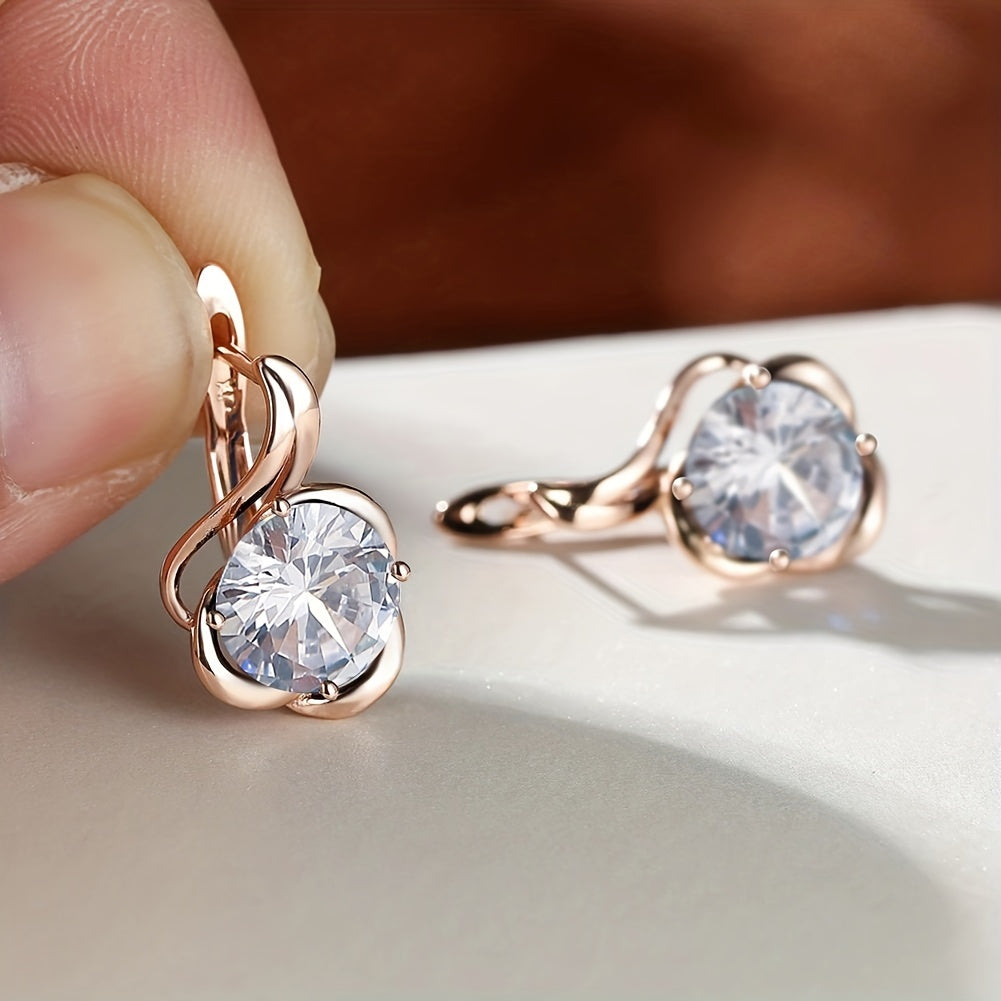 Flower-shaped British lock earrings with round shiny Zirconia, sweet copper earrings