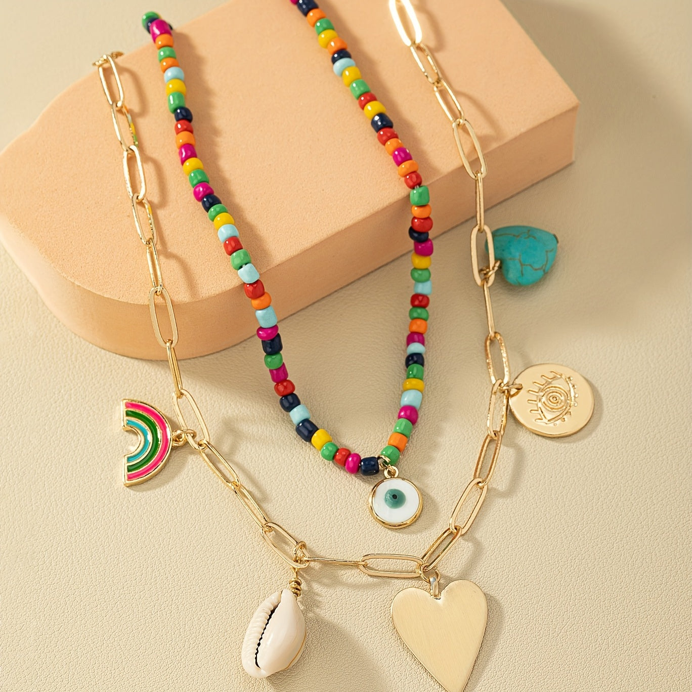 2 pieces vintage bohemian stone, shell, rainbow bead necklace